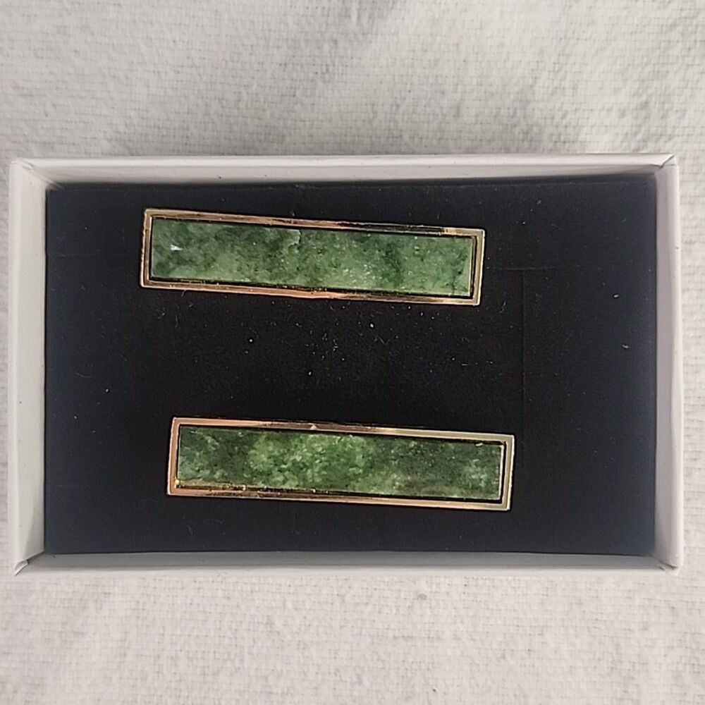 Cufflinks Dante Men's Gold Tone With Jade Stone Insert 1 1/2" X 1/4" Vintage